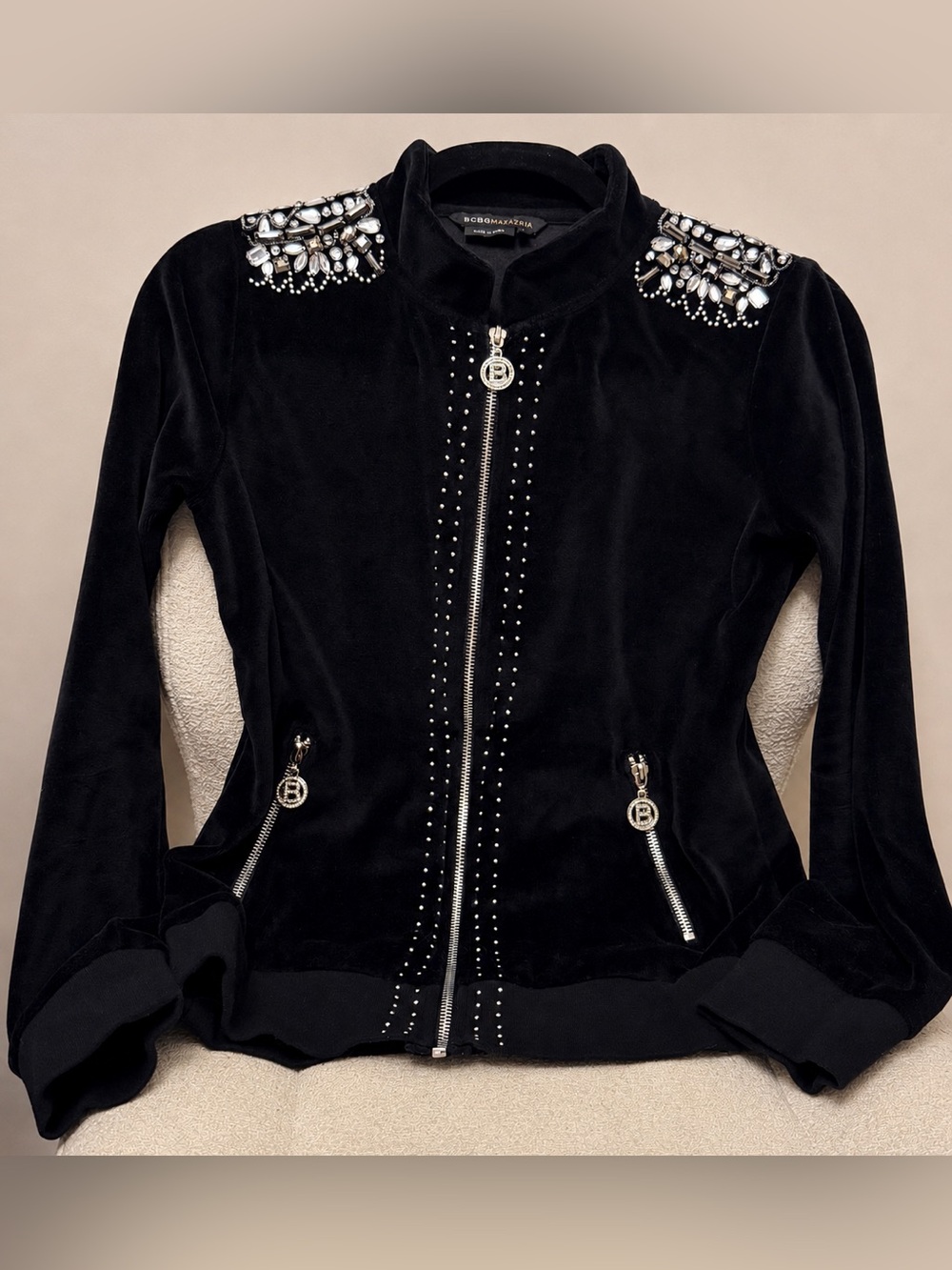 BCBGMaxAzria Black Embellished Velvet Bomber Jacket